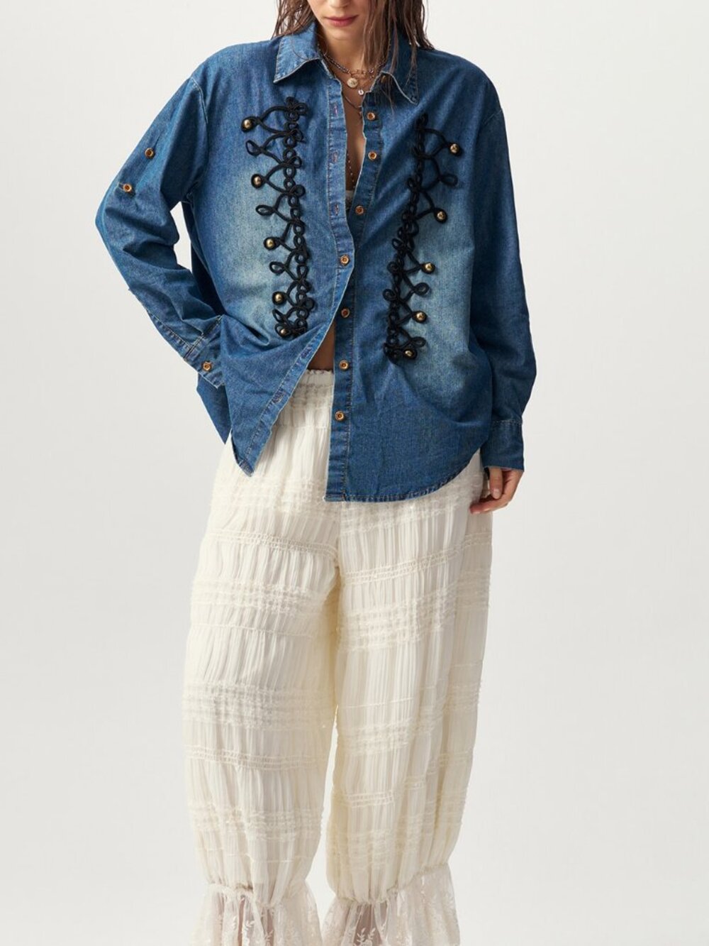 Blue Casual Women's Streetwear Double-Breasted Woven Blouse